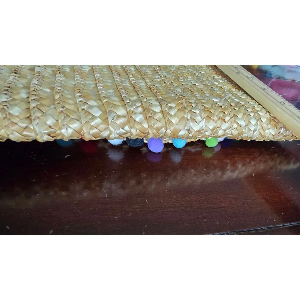 Women's Vintage Beige Summer Straw Clutch with Multi-color Pom Poms, One Size